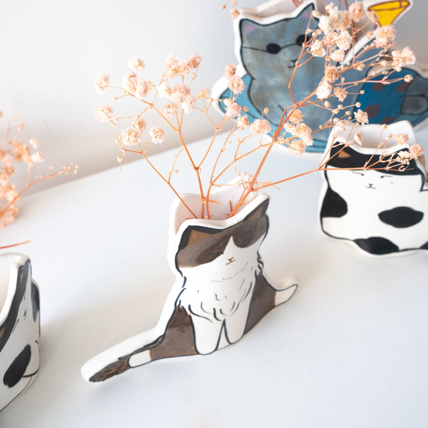 Handmade Cat Ceramic Plant Holder Kawaii Kitty Design, Cat Shaped Vase Gift for Cat Lovers Birthday Gifts Housewarming Present