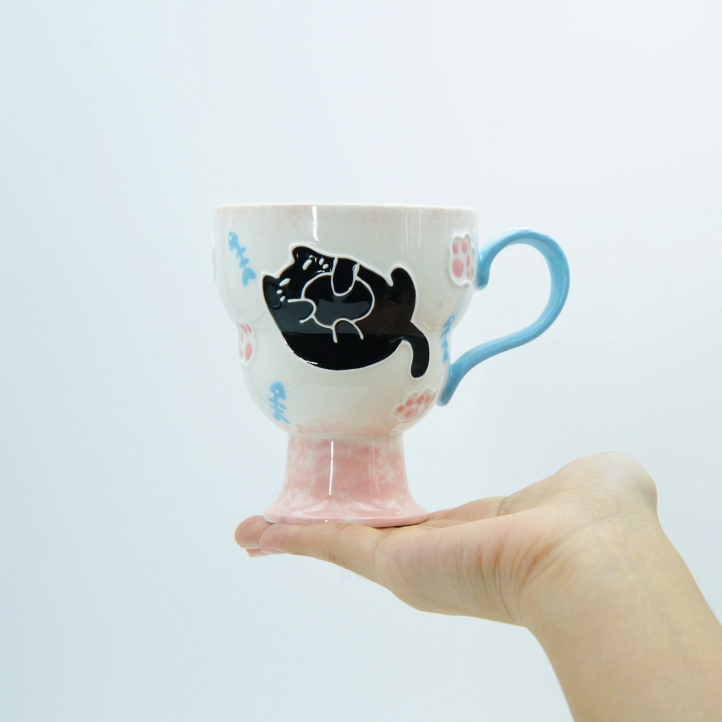 Black Pink Ceramic Cat Mug, Desk Decor for Home or Office, Housewarming Gift, International Cat Day Gift, Pottery Mug for Her