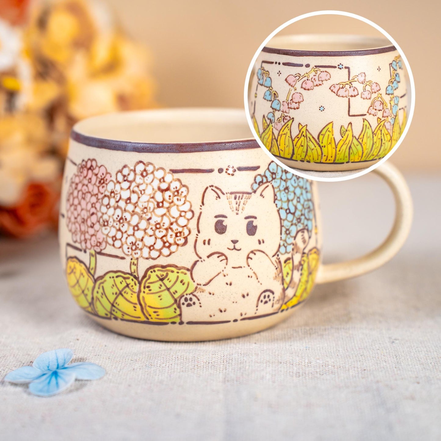 Funny Cat Coffee Mugs Handpainted Rustic Ceramic Playing Kitty Espresso Cups Watercolor Style Tiny Cat Water Cups Wildflower Cappuccino Mugs