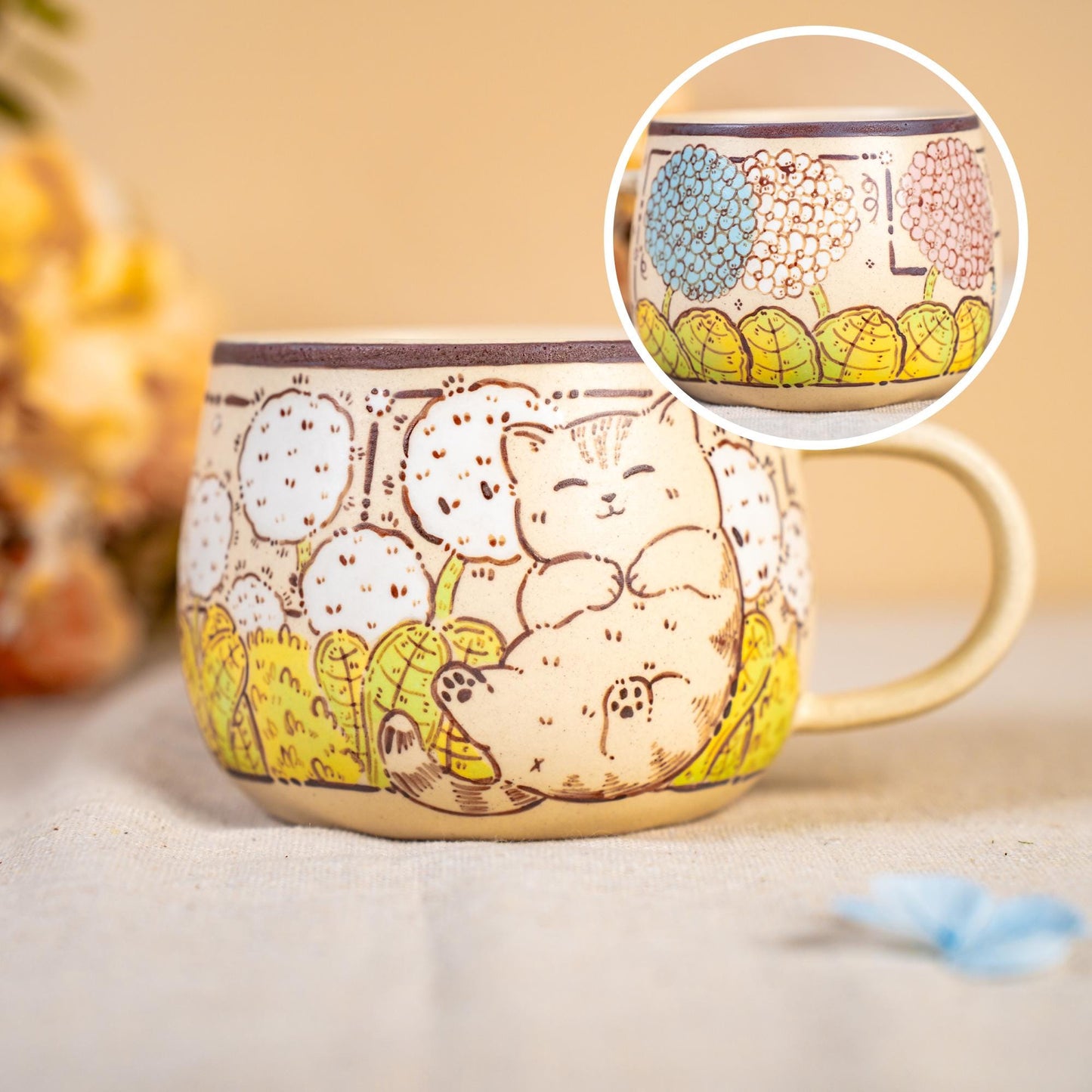 Funny Cat Coffee Mugs Handpainted Rustic Ceramic Playing Kitty Espresso Cups Watercolor Style Tiny Cat Water Cups Wildflower Cappuccino Mugs