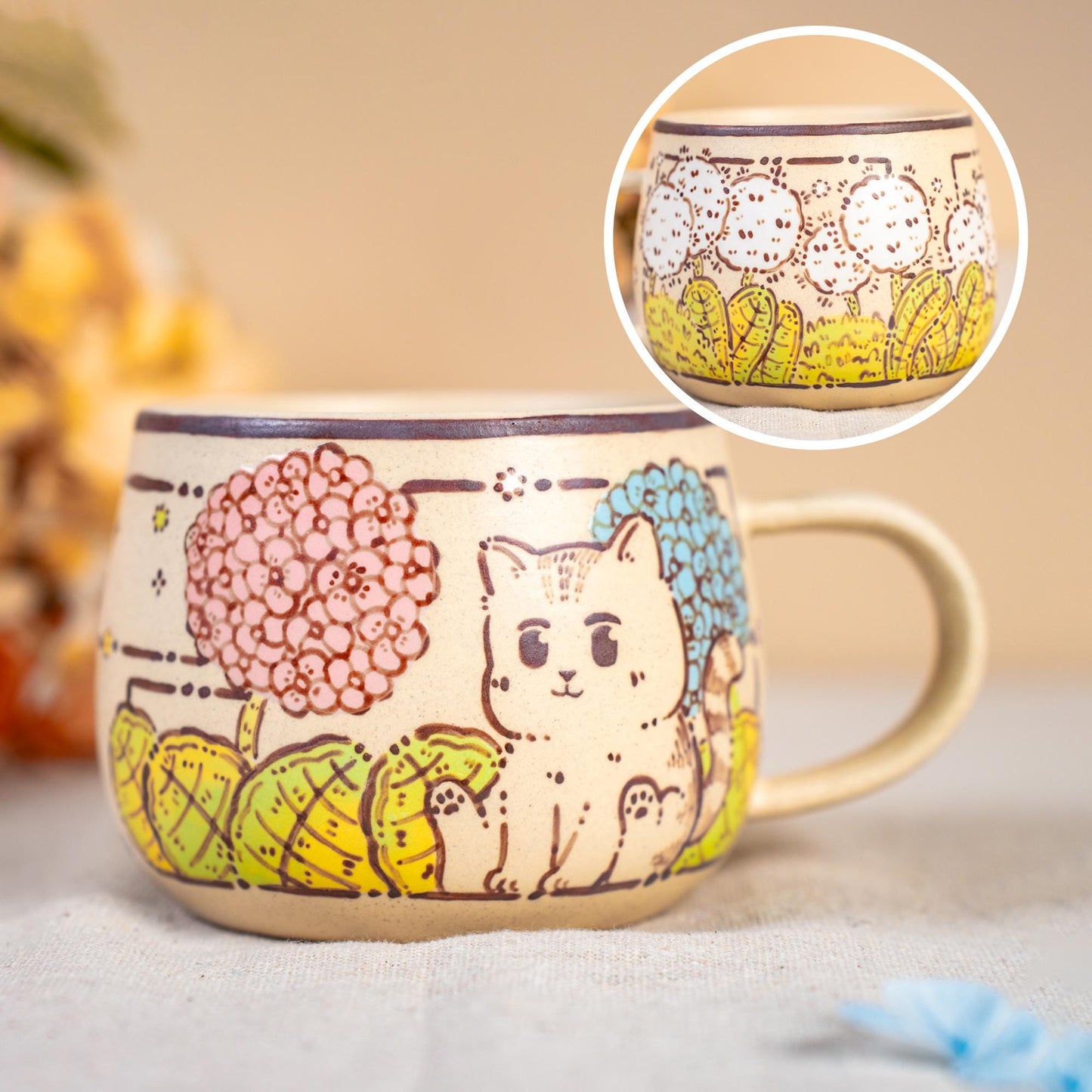 Funny Cat Coffee Mugs Handpainted Rustic Ceramic Playing Kitty Espresso Cups Watercolor Style Tiny Cat Water Cups Wildflower Cappuccino Mugs