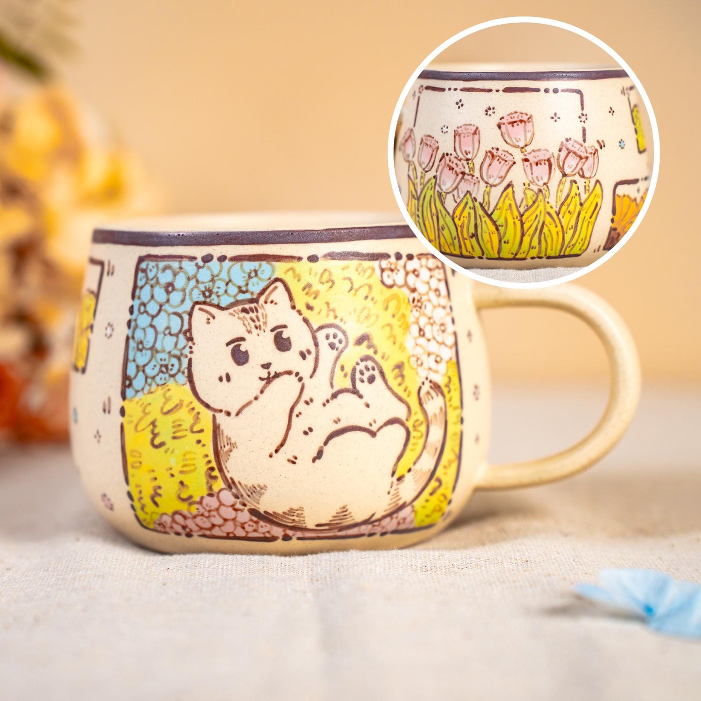 Funny Cat Coffee Mugs Handpainted Rustic Ceramic Playing Kitty Espresso Cups Watercolor Style Tiny Cat Water Cups Wildflower Cappuccino Mugs