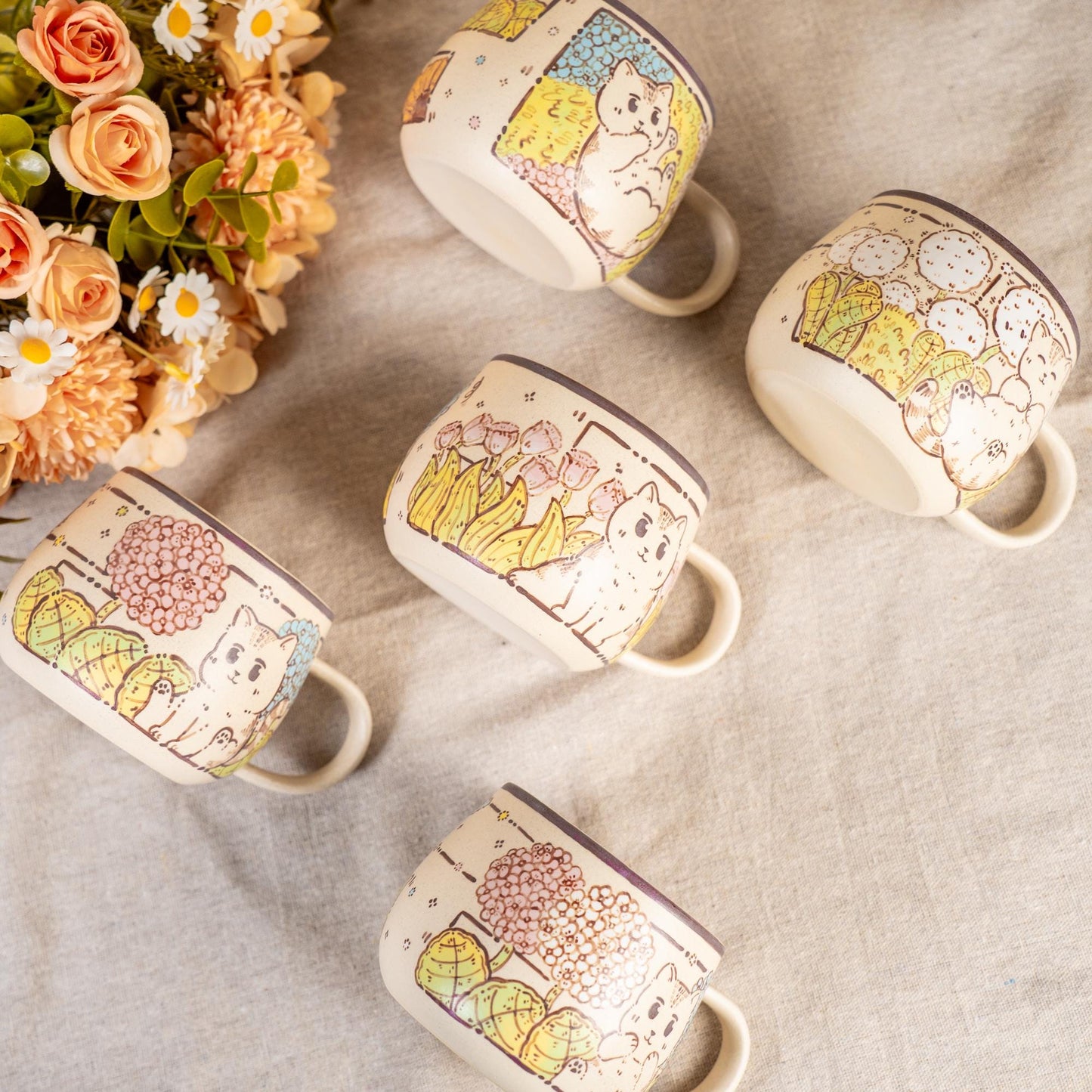 Funny Cat Coffee Mugs Handpainted Rustic Ceramic Playing Kitty Espresso Cups Watercolor Style Tiny Cat Water Cups Wildflower Cappuccino Mugs