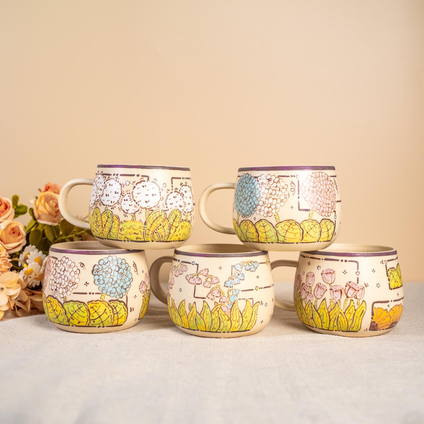 Funny Cat Coffee Mugs Handpainted Rustic Ceramic Playing Kitty Espresso Cups Watercolor Style Tiny Cat Water Cups Wildflower Cappuccino Mugs
