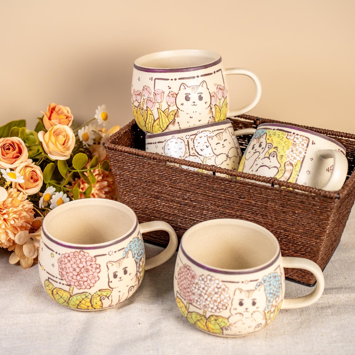 Funny Cat Coffee Mugs Handpainted Rustic Ceramic Playing Kitty Espresso Cups Watercolor Style Tiny Cat Water Cups Wildflower Cappuccino Mugs