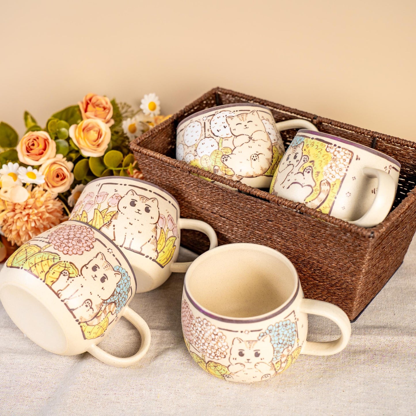 Funny Cat Coffee Mugs Handpainted Rustic Ceramic Playing Kitty Espresso Cups Watercolor Style Tiny Cat Water Cups Wildflower Cappuccino Mugs