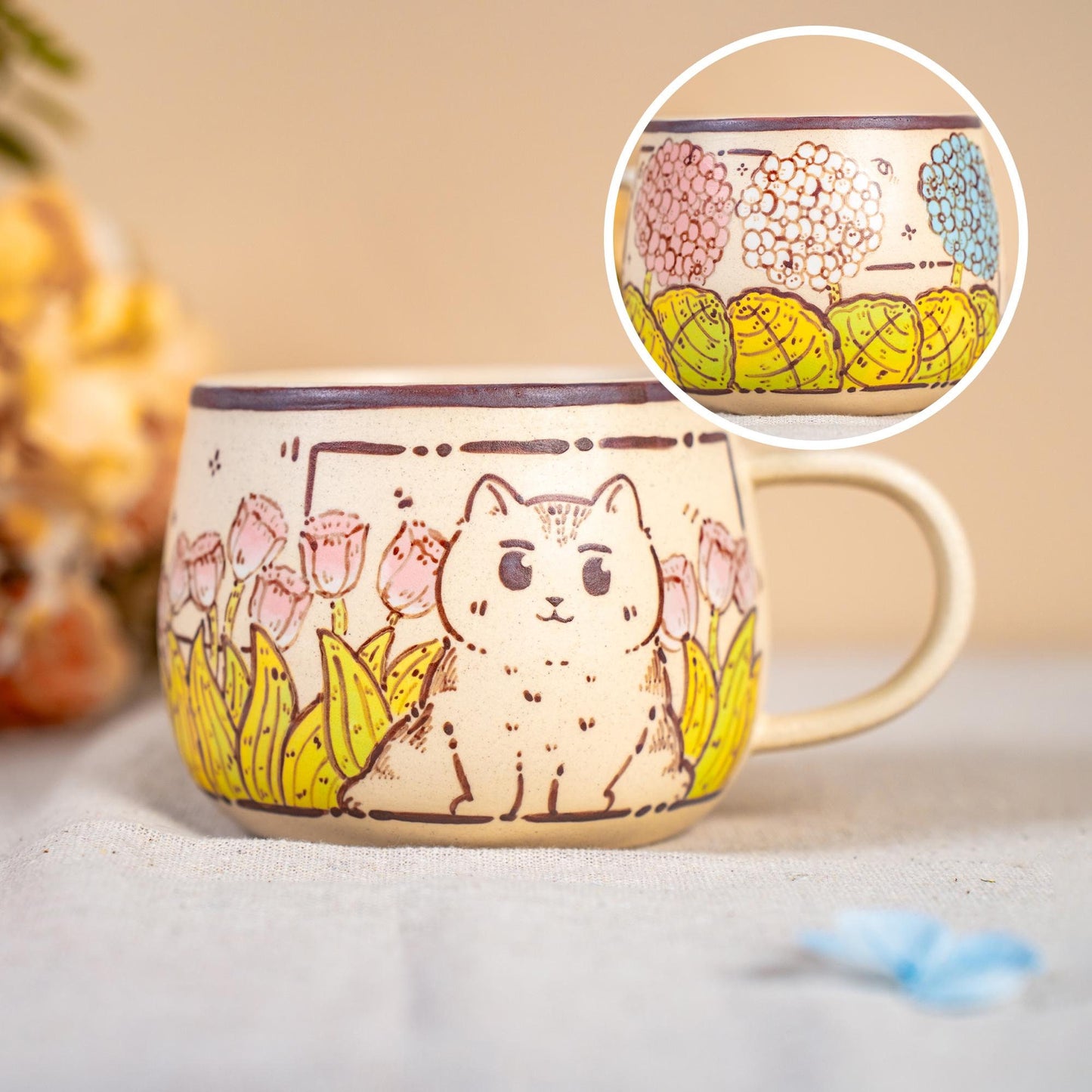 Funny Cat Coffee Mugs Handpainted Rustic Ceramic Playing Kitty Espresso Cups Watercolor Style Tiny Cat Water Cups Wildflower Cappuccino Mugs
