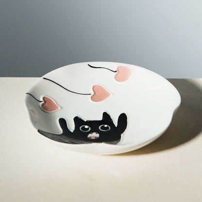 Black cat white ring dish | Handmade ceramic dish | Cat food bowl | Kawaii kitty design | Trinket or key dish | Jewelry tray