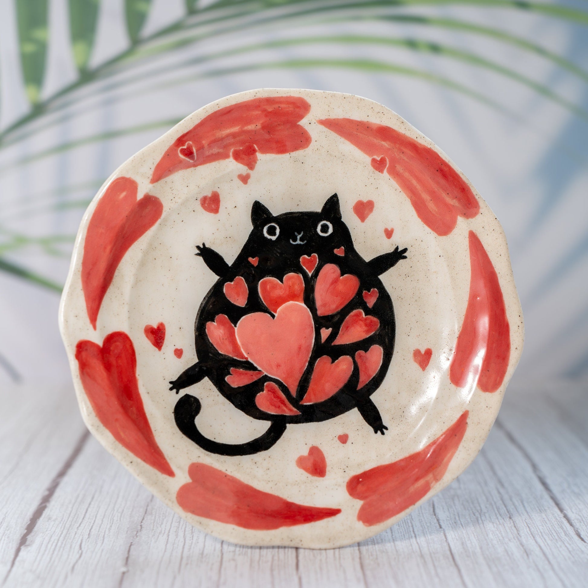 Hearts Aflutter Cat Love Dish Black Cute Cat Ceramic Plate Handmade Serving Tray Valentine's Day dish Heart design tableware cat pottery