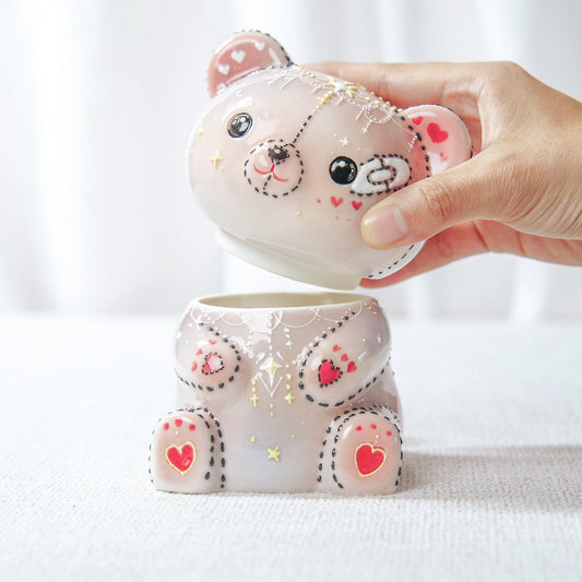 Pink Teddy Bear Ceramic Mug Handcrafted Novelty Cup With Lid, Storage Jar Kawaii Kitty Design For Sister Birthdays Gifts for Plush Lovers