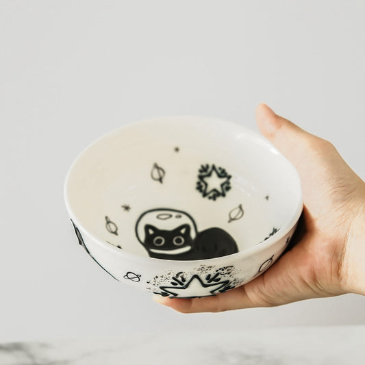 HandPainted Black Cat Ceramic Bowl, Ramen bowl Microwave Safe Pottery, Whimsical Breakfast and Snack Bowl, Perfect Gift for Cat Lovers