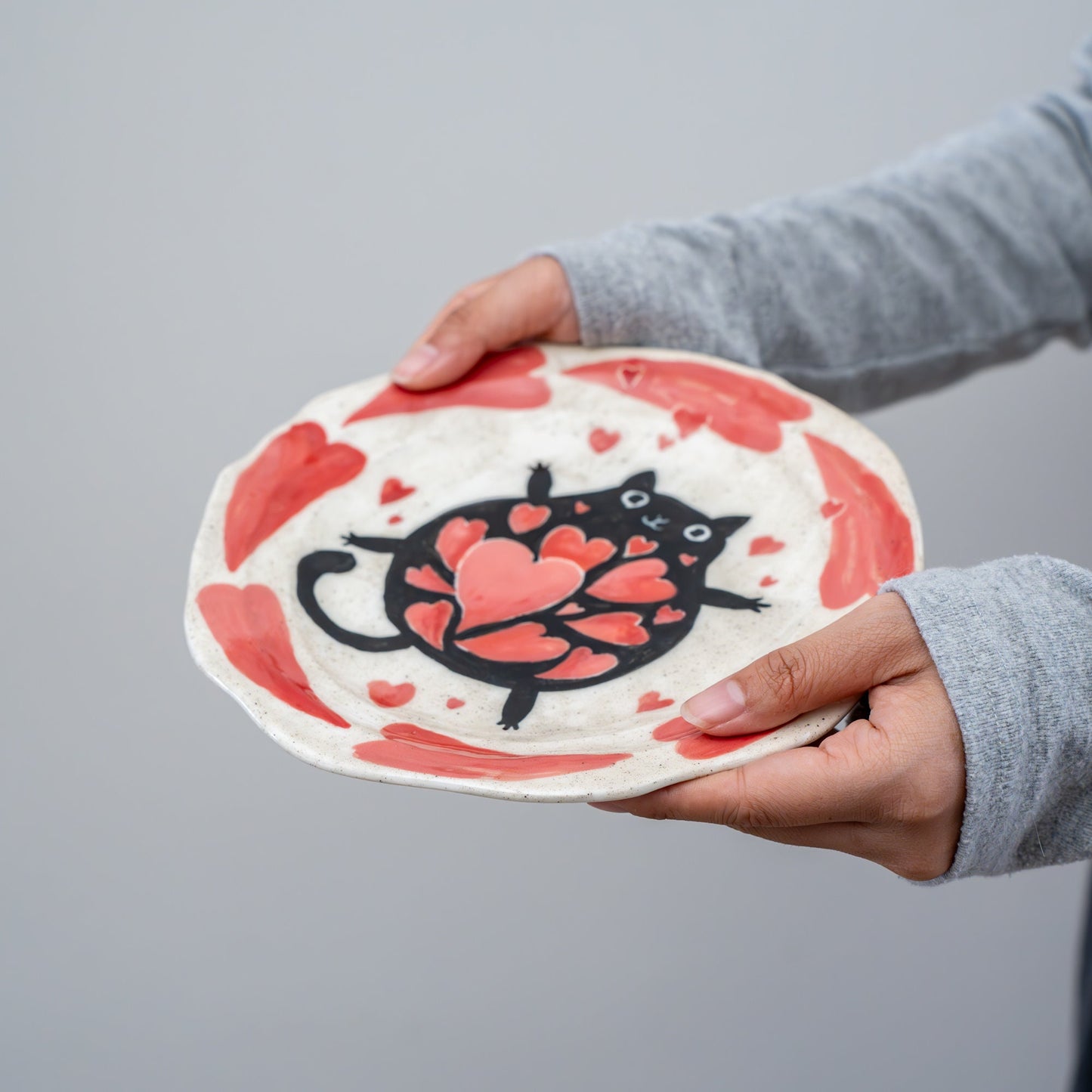 Hearts Aflutter Cat Love Dish Black Cute Cat Ceramic Plate Handmade Serving Tray Valentine's Day dish Heart design tableware cat pottery