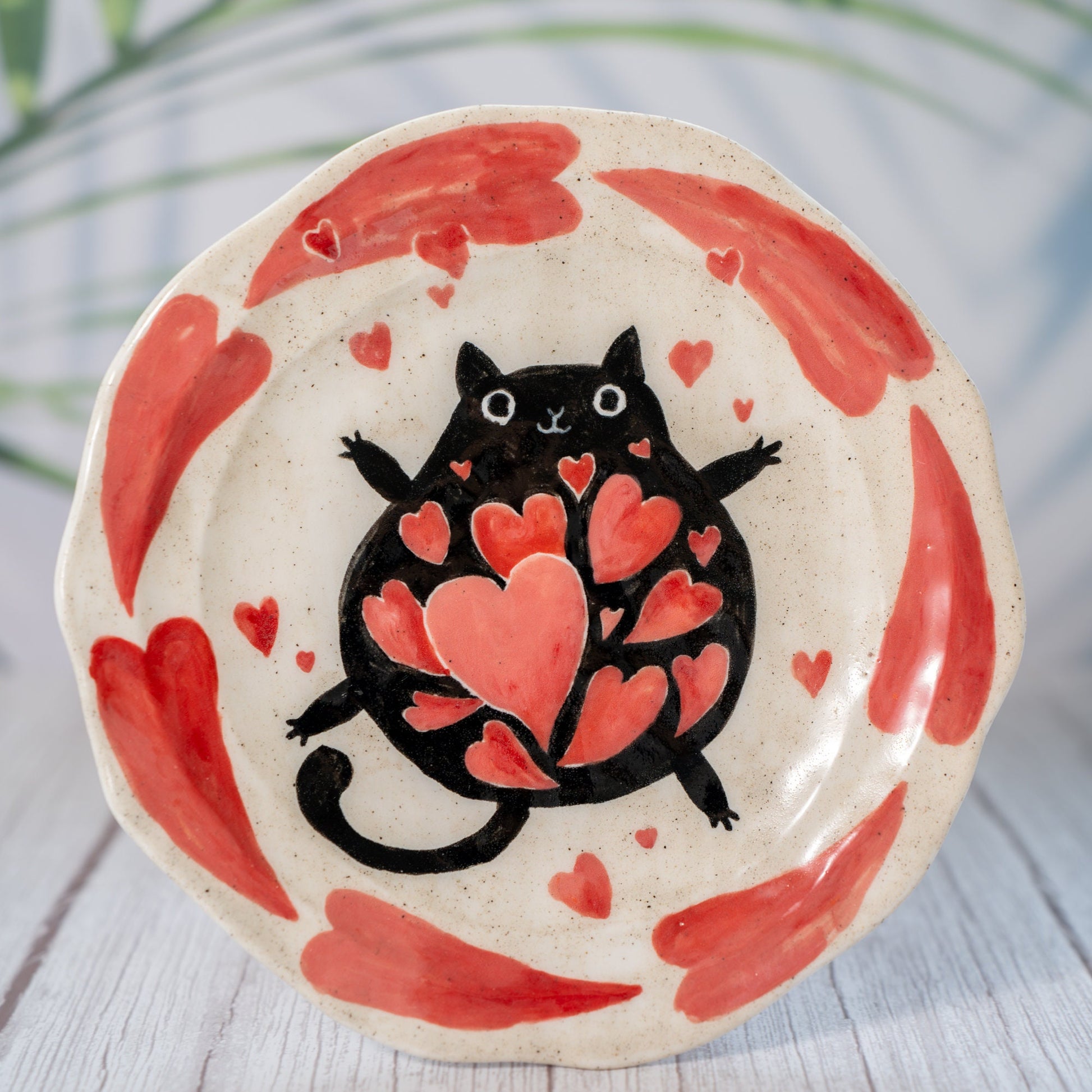 Hearts Aflutter Cat Love Dish Black Cute Cat Ceramic Plate Handmade Serving Tray Valentine's Day dish Heart design tableware cat pottery
