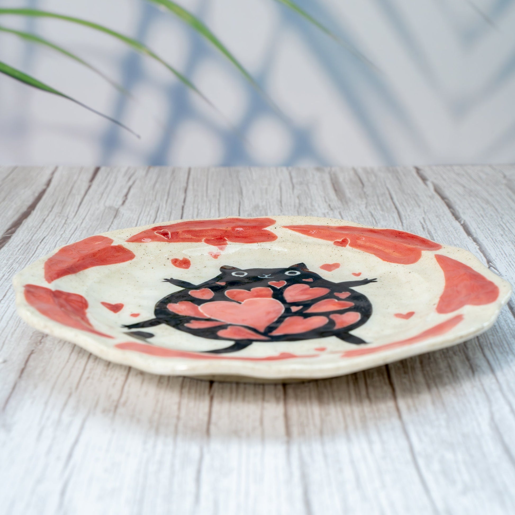 Hearts Aflutter Cat Love Dish Black Cute Cat Ceramic Plate Handmade Serving Tray Valentine's Day dish Heart design tableware cat pottery