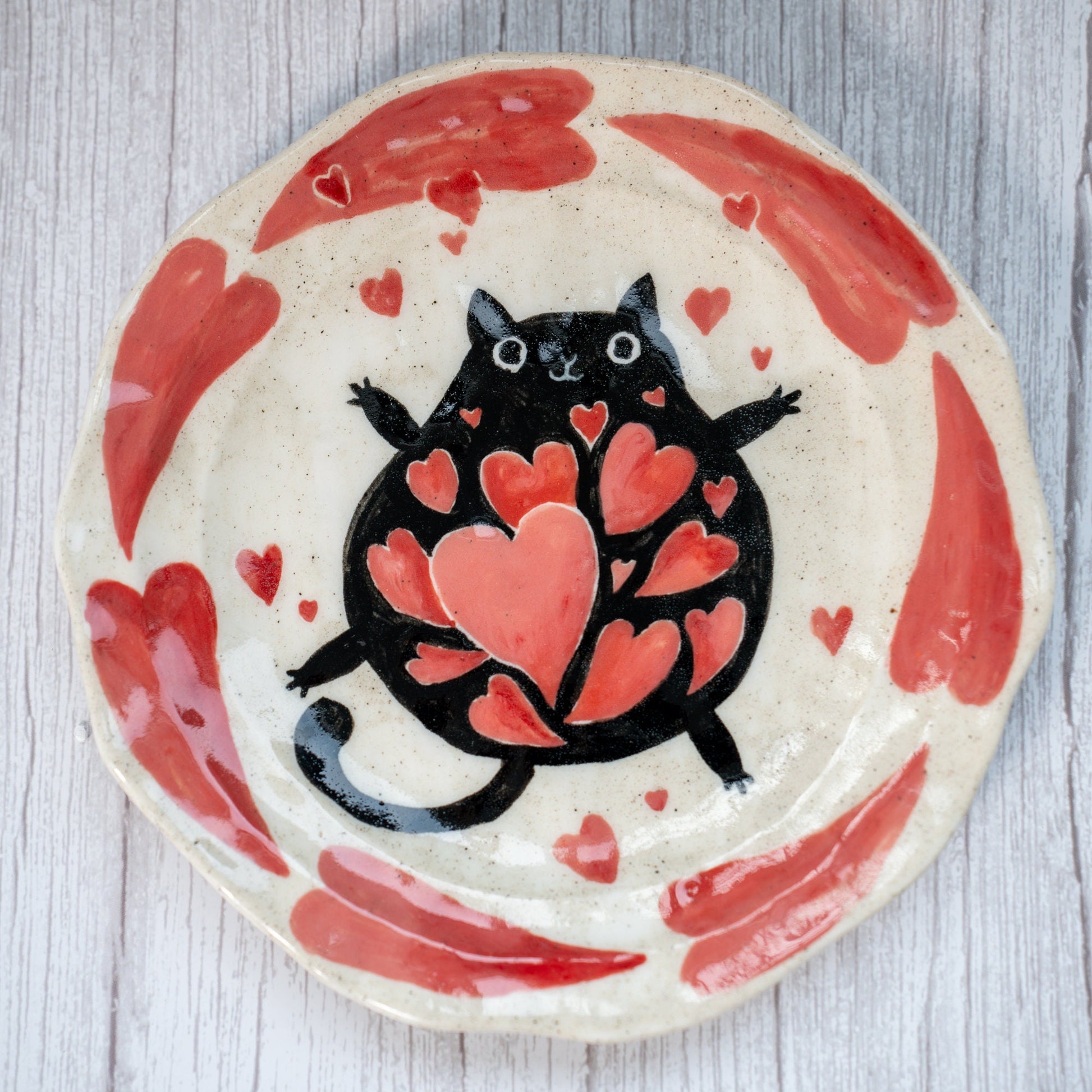 Hearts Aflutter Cat Love Dish Black Cute Cat Ceramic Plate Handmade Serving Tray Valentine's Day dish Heart design tableware cat pottery