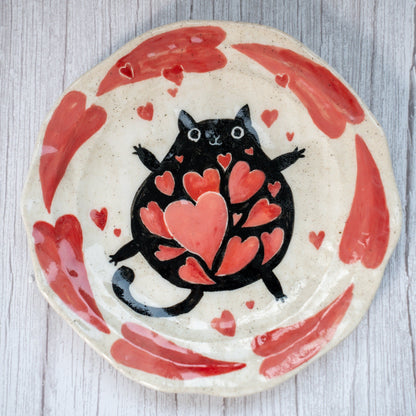 Hearts Aflutter Cat Love Dish Black Cute Cat Ceramic Plate Handmade Serving Tray Valentine's Day dish Heart design tableware cat pottery