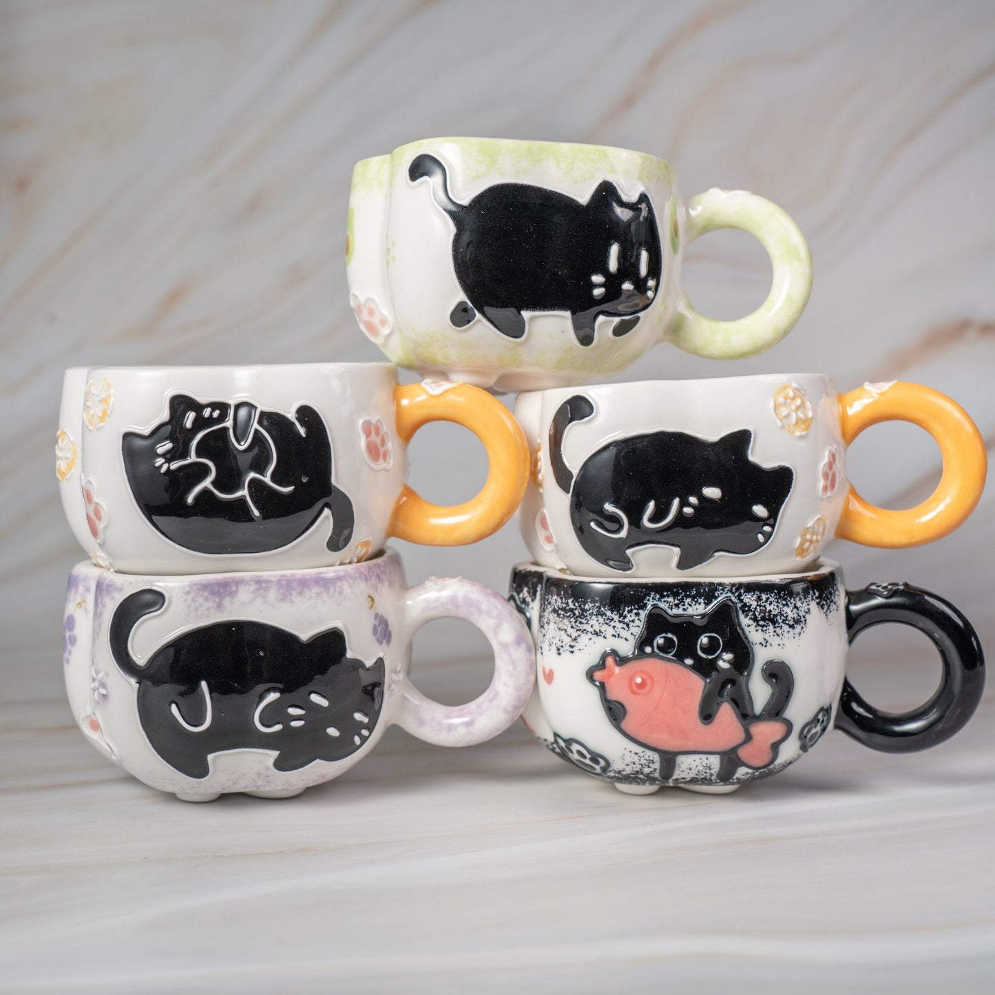 Whimsical Cat Paw Ceramic Mug | Adorable Hand-Painted Black Cat Design | Unique Collection of 5 Styles | Perfect Gift for Cat Lovers