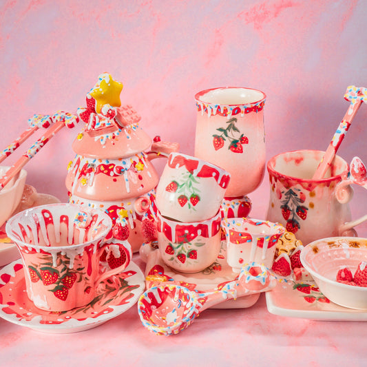 Cute strawberry ceramic series pastel color ceramics strawberry coffee mug fruit tea cup Handmade dish cute home decor coquette pink bow Mug