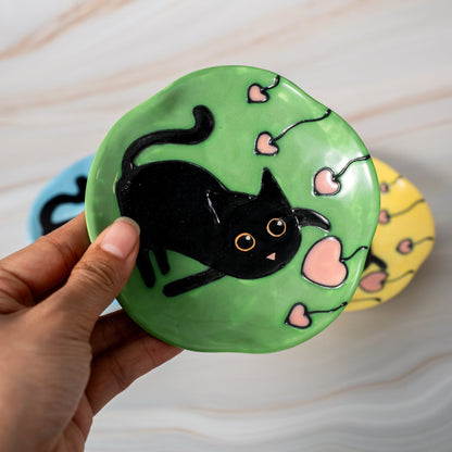 Ceramic Cat ring Dish,Yellow Porcelain Jewelry Dish, Green & Blue ring Bowl, Trinket Dish Rainbow Wedding Dish Home Decor Wedding Dish