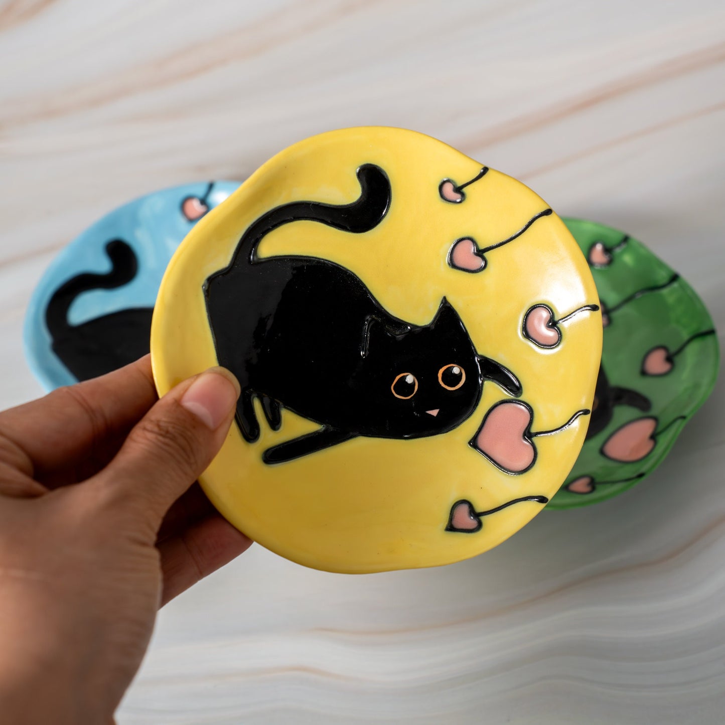 Ceramic Cat ring Dish,Yellow Porcelain Jewelry Dish, Green & Blue ring Bowl, Trinket Dish Rainbow Wedding Dish Home Decor Wedding Dish