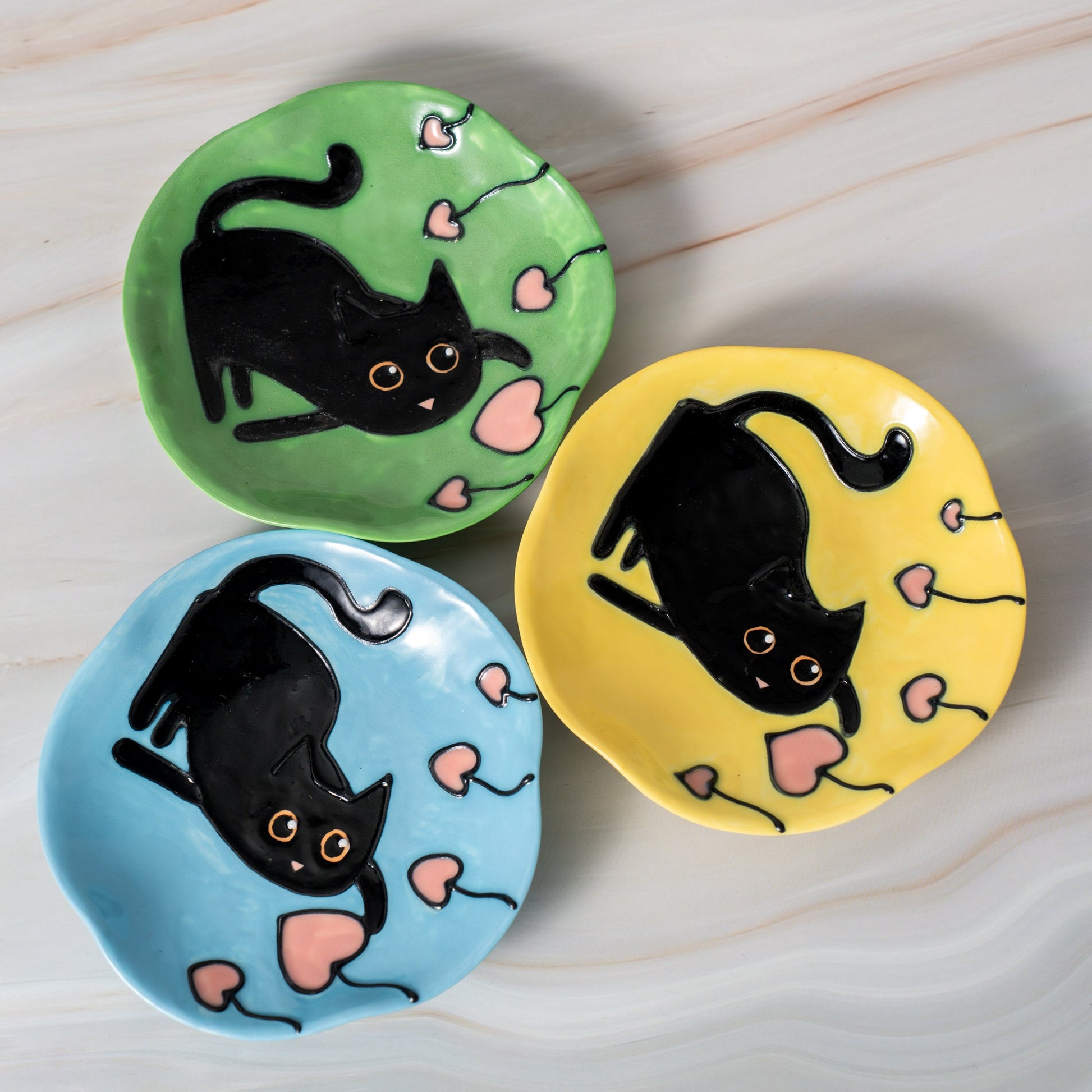 Ceramic Cat ring Dish,Yellow Porcelain Jewelry Dish, Green & Blue ring Bowl, Trinket Dish Rainbow Wedding Dish Home Decor Wedding Dish