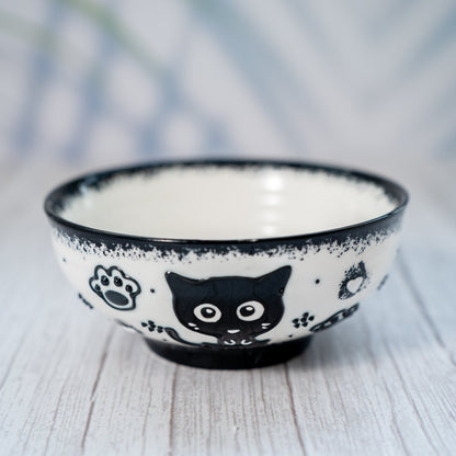 HandPainted Black Cat Ceramic Bowl, Ramen bowl Microwave Safe Pottery, Whimsical Breakfast and Snack Bowl, Perfect Gift for Cat Lovers