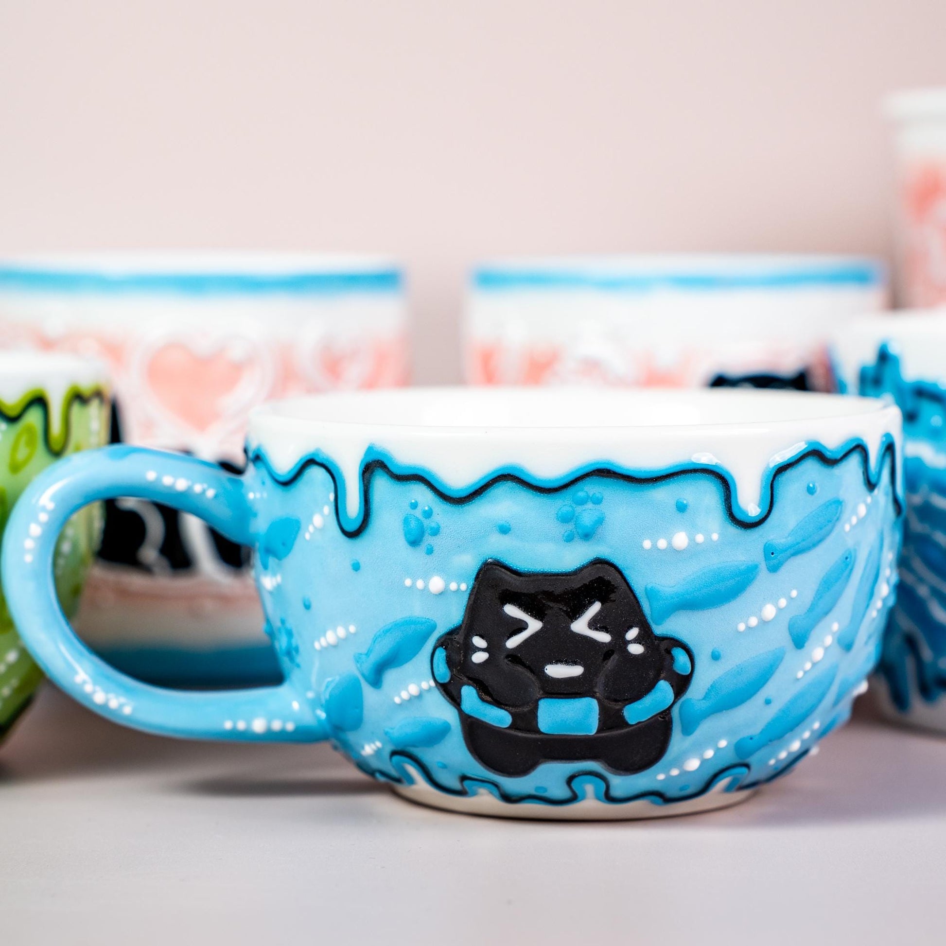 Black Kitty Coffee Mugs Ceramic Cartoon Style Cat Hug Mug Collection 3D Line Art Style Cream Cat Espresso Cups Funny Birthday Gift for Kids