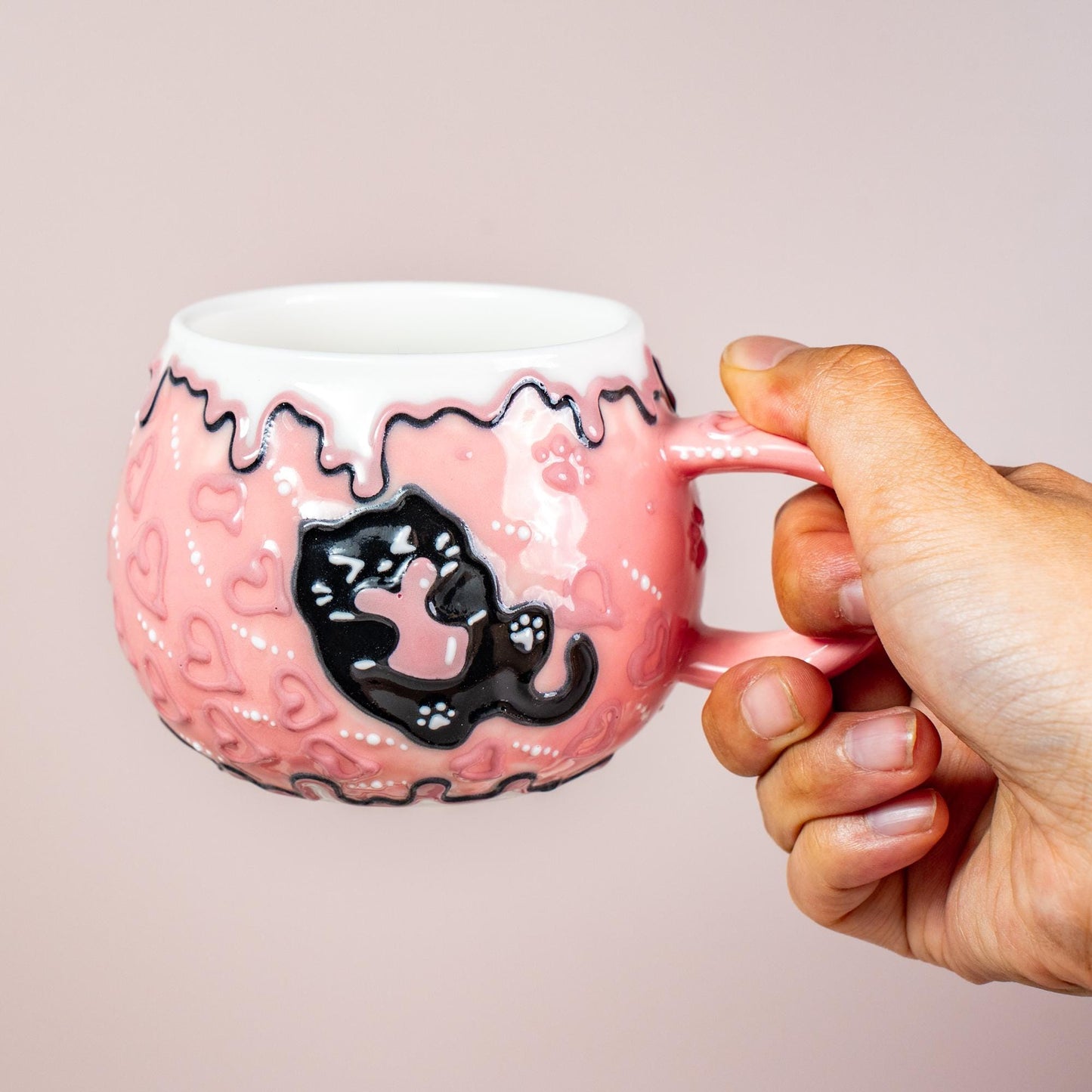 Black Kitty Coffee Mugs Ceramic Cartoon Style Cat Hug Mug Collection 3D Line Art Style Cream Cat Espresso Cups Funny Birthday Gift for Kids