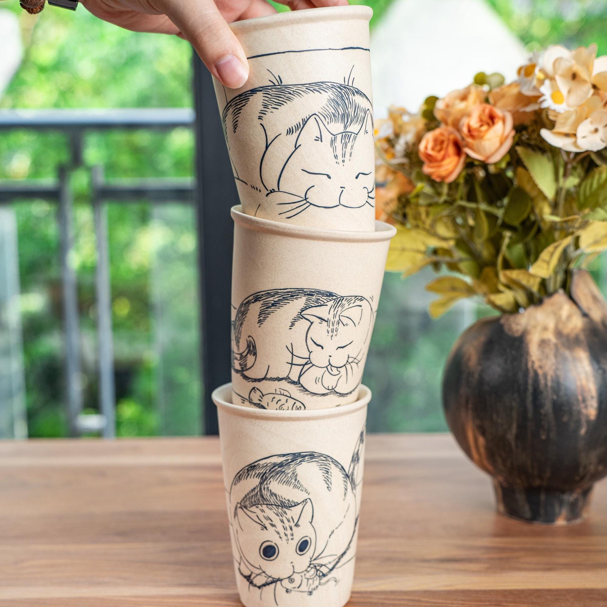 Lazy Cat Ceramic Tumbler Handpainted Kitty Espresso Mug Sketch Art Style Funny Pet Tea Cup Comic Style Coffee Cup Cute Birthday Gift for Kid