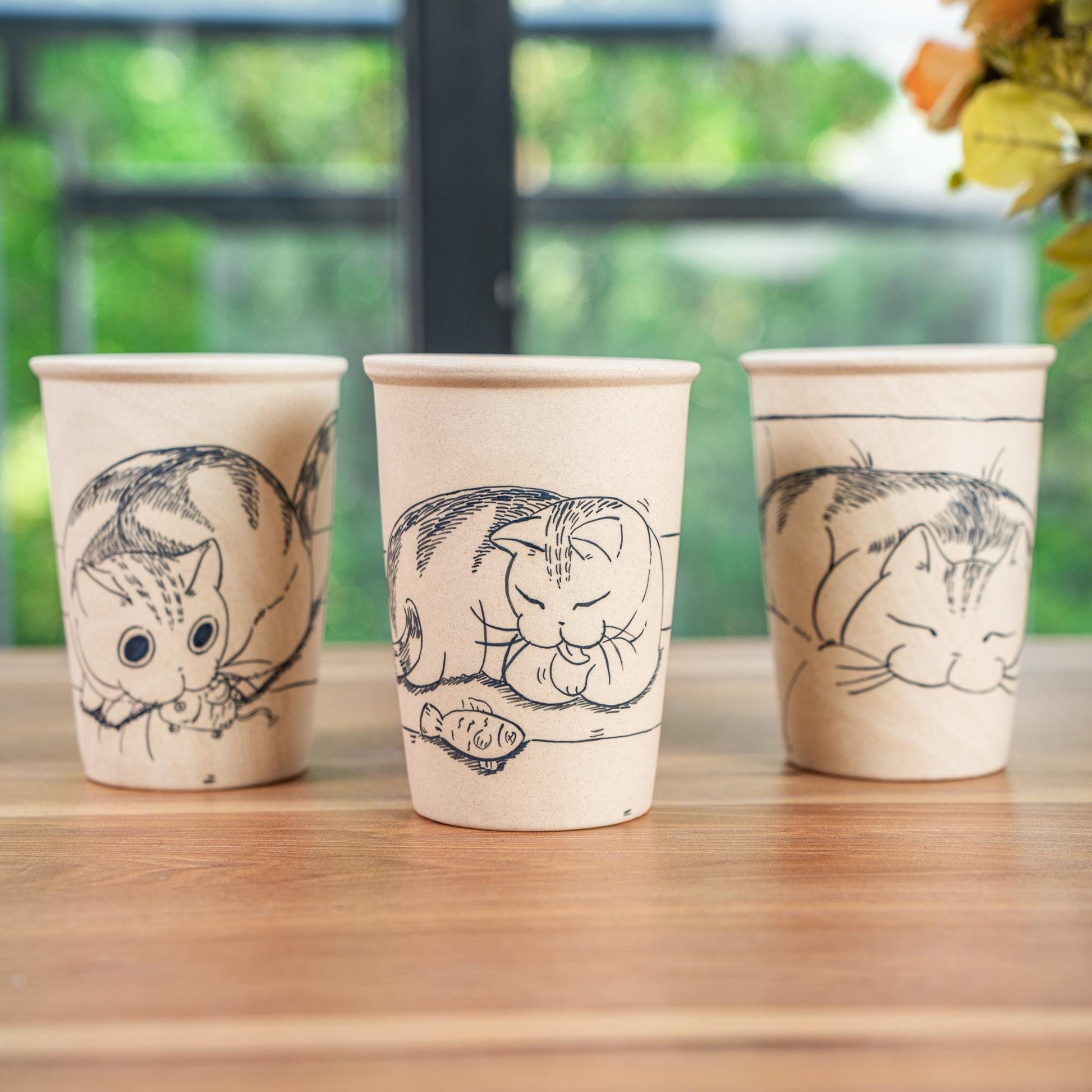 Lazy Cat Ceramic Tumbler Handpainted Kitty Espresso Mug Sketch Art Style Funny Pet Tea Cup Comic Style Coffee Cup Cute Birthday Gift for Kid