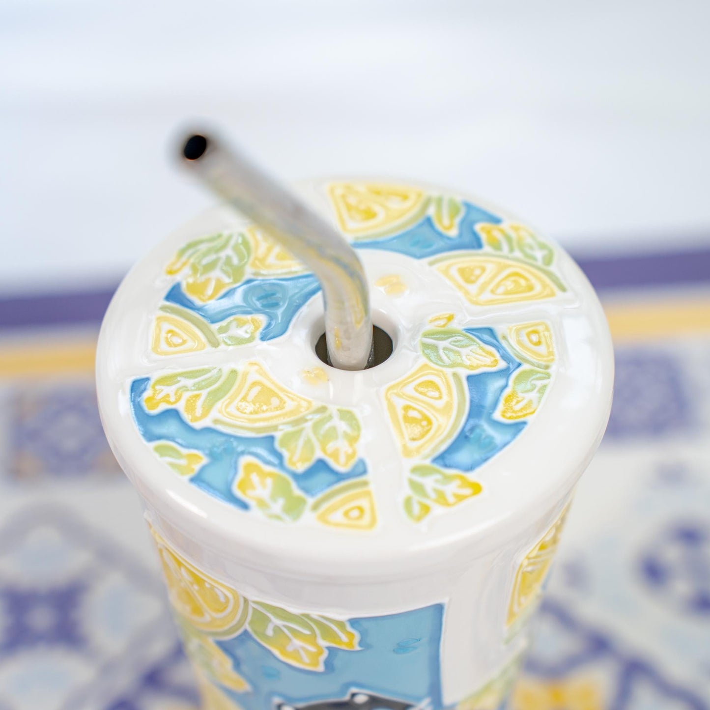 Summer Cat Lidded Tumbler with Straw Swimming Black Kitty Ceramic Coffee Mug Lemon Leaves Handmade Water Cup Cute Birthday Gift for Kids