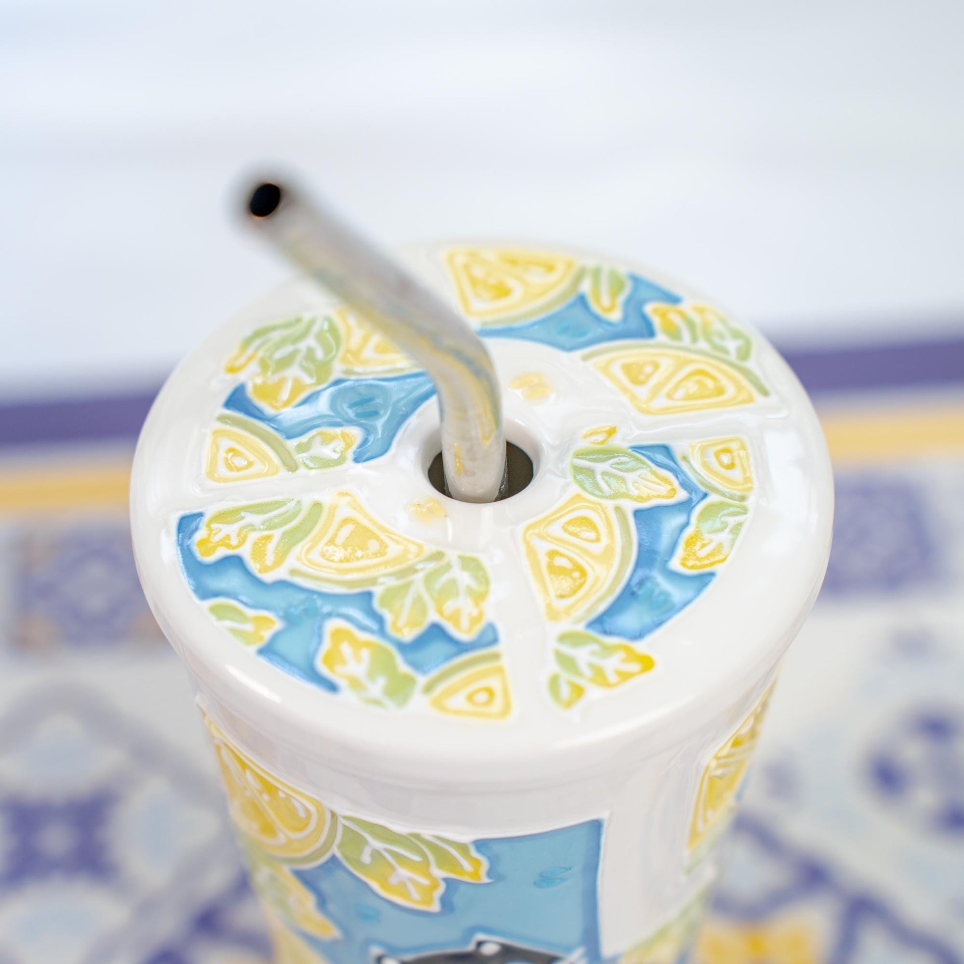 Summer Cat Lidded Tumbler with Straw Swimming Black Kitty Ceramic Coffee Mug Lemon Leaves Handmade Water Cup Cute Birthday Gift for Kids