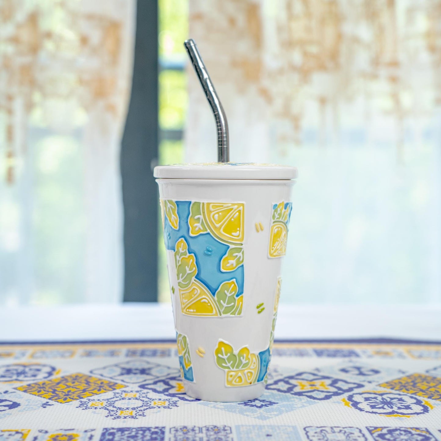 Summer Cat Lidded Tumbler with Straw Swimming Black Kitty Ceramic Coffee Mug Lemon Leaves Handmade Water Cup Cute Birthday Gift for Kids