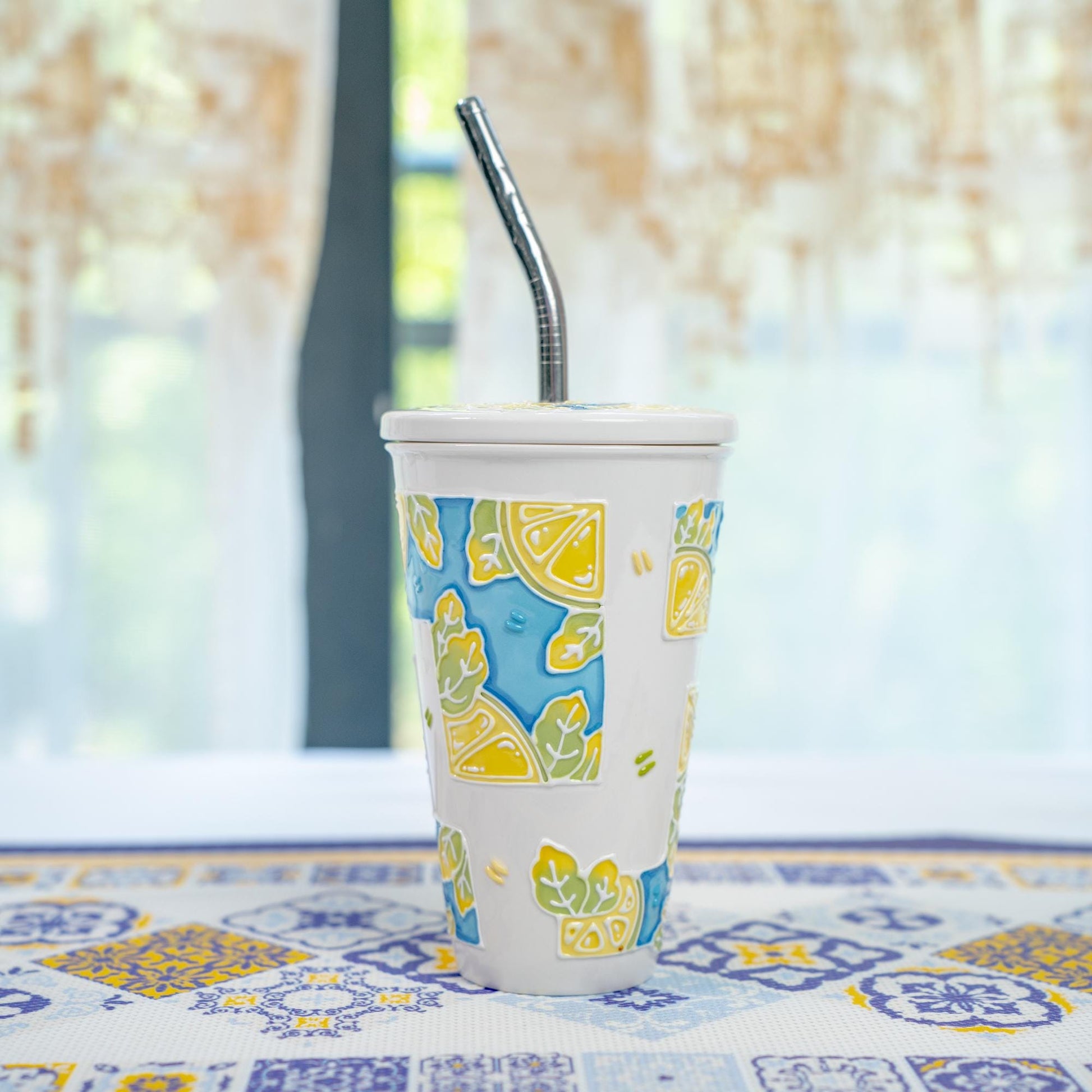 Summer Cat Lidded Tumbler with Straw Swimming Black Kitty Ceramic Coffee Mug Lemon Leaves Handmade Water Cup Cute Birthday Gift for Kids