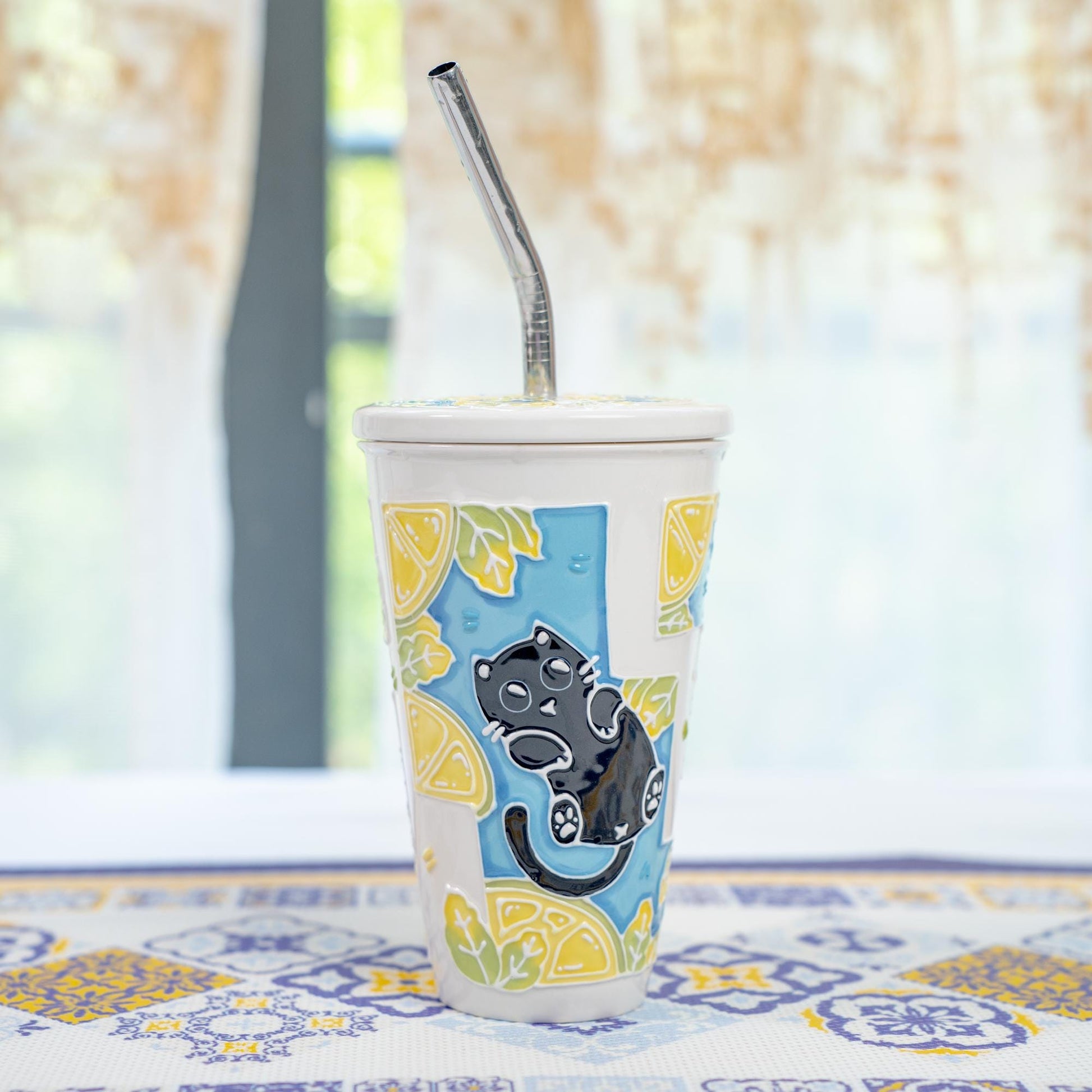 Summer Cat Lidded Tumbler with Straw Swimming Black Kitty Ceramic Coffee Mug Lemon Leaves Handmade Water Cup Cute Birthday Gift for Kids