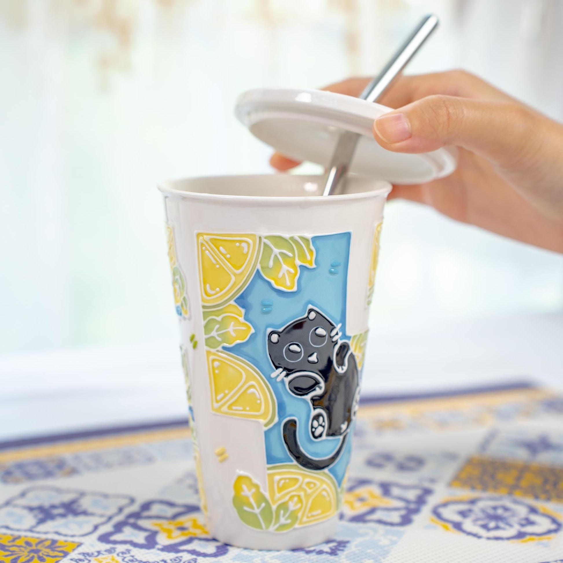 Summer Cat Lidded Tumbler with Straw Swimming Black Kitty Ceramic Coffee Mug Lemon Leaves Handmade Water Cup Cute Birthday Gift for Kids