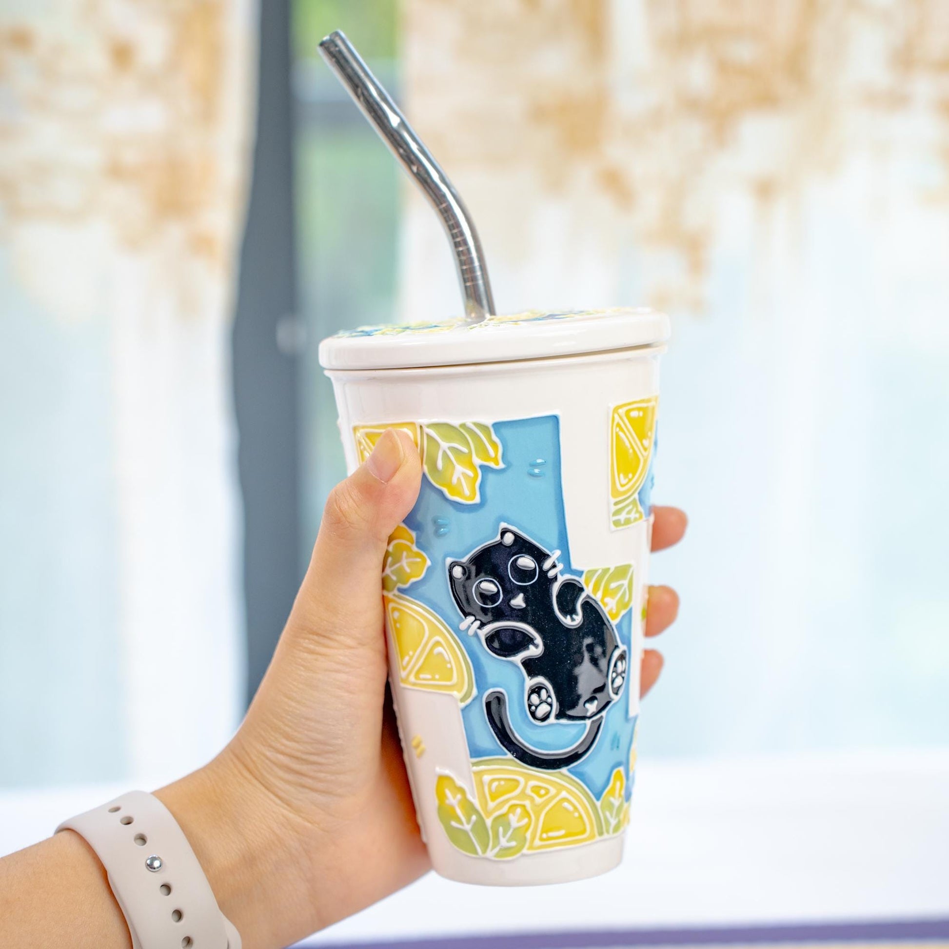 Summer Cat Lidded Tumbler with Straw Swimming Black Kitty Ceramic Coffee Mug Lemon Leaves Handmade Water Cup Cute Birthday Gift for Kids