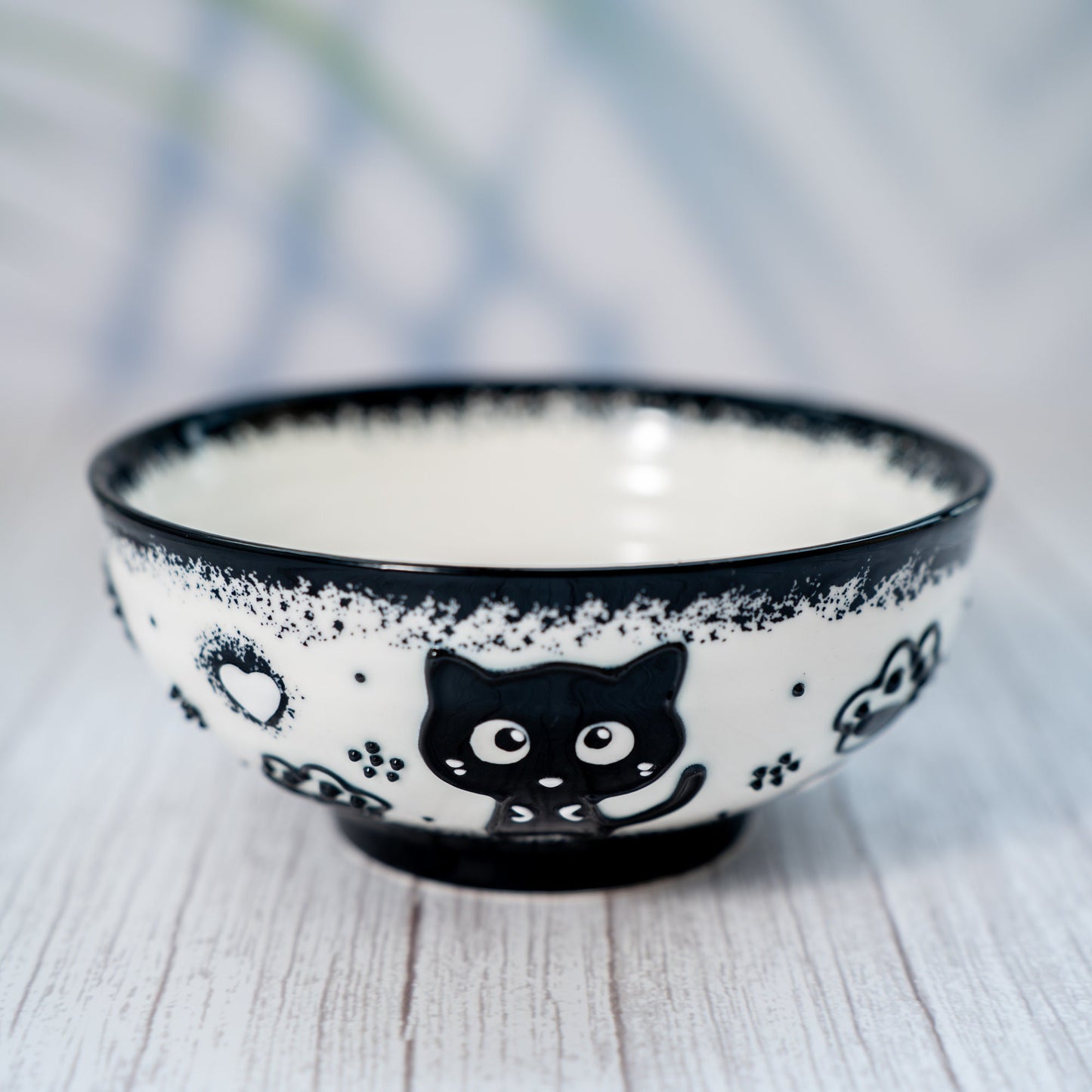 HandPainted Black Cat Ceramic Bowl, Ramen bowl Microwave Safe Pottery, Whimsical Breakfast and Snack Bowl, Perfect Gift for Cat Lovers