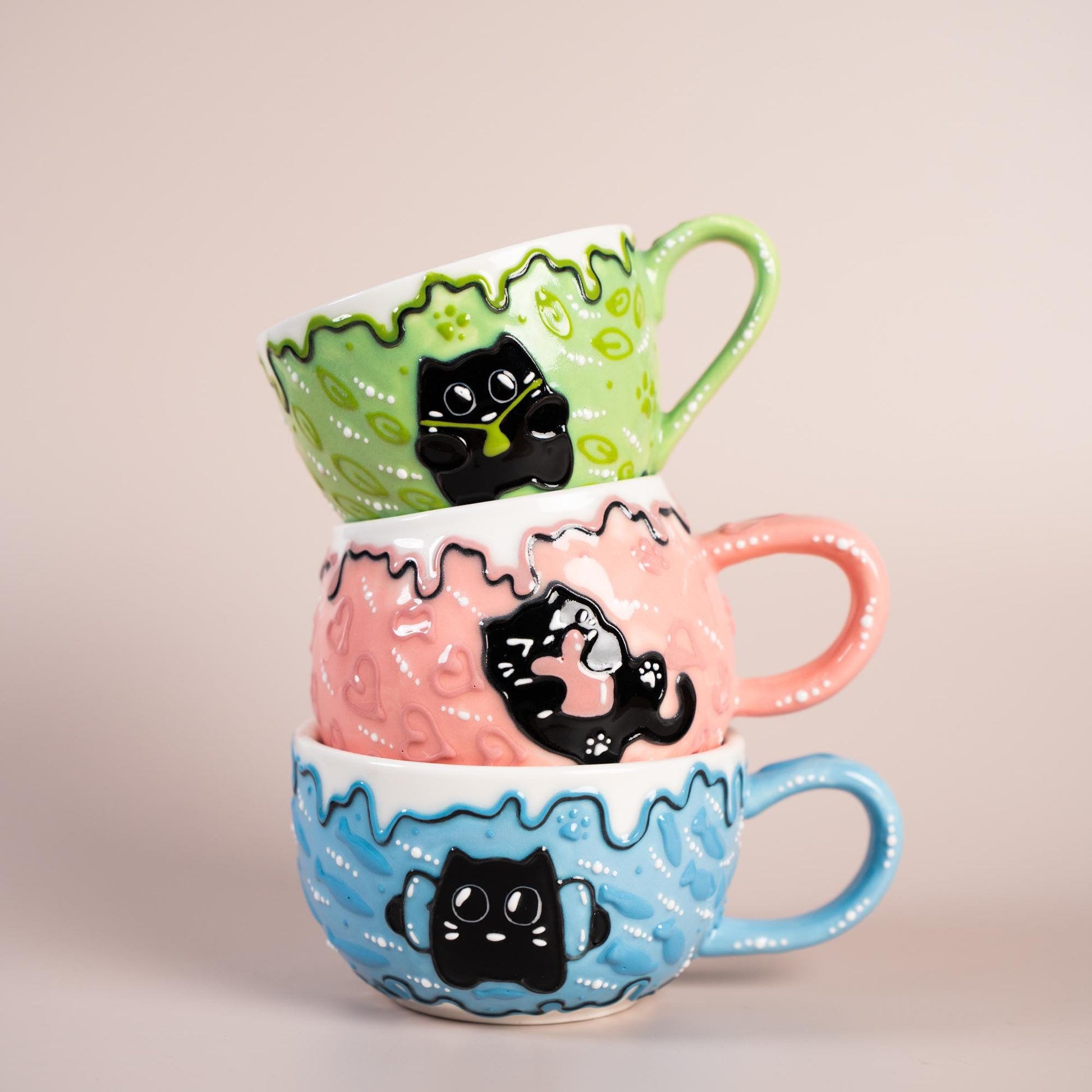 Black Kitty Coffee Mugs Ceramic Cartoon Style Cat Hug Mug Collection 3D Line Art Style Cream Cat Espresso Cups Funny Birthday Gift for Kids