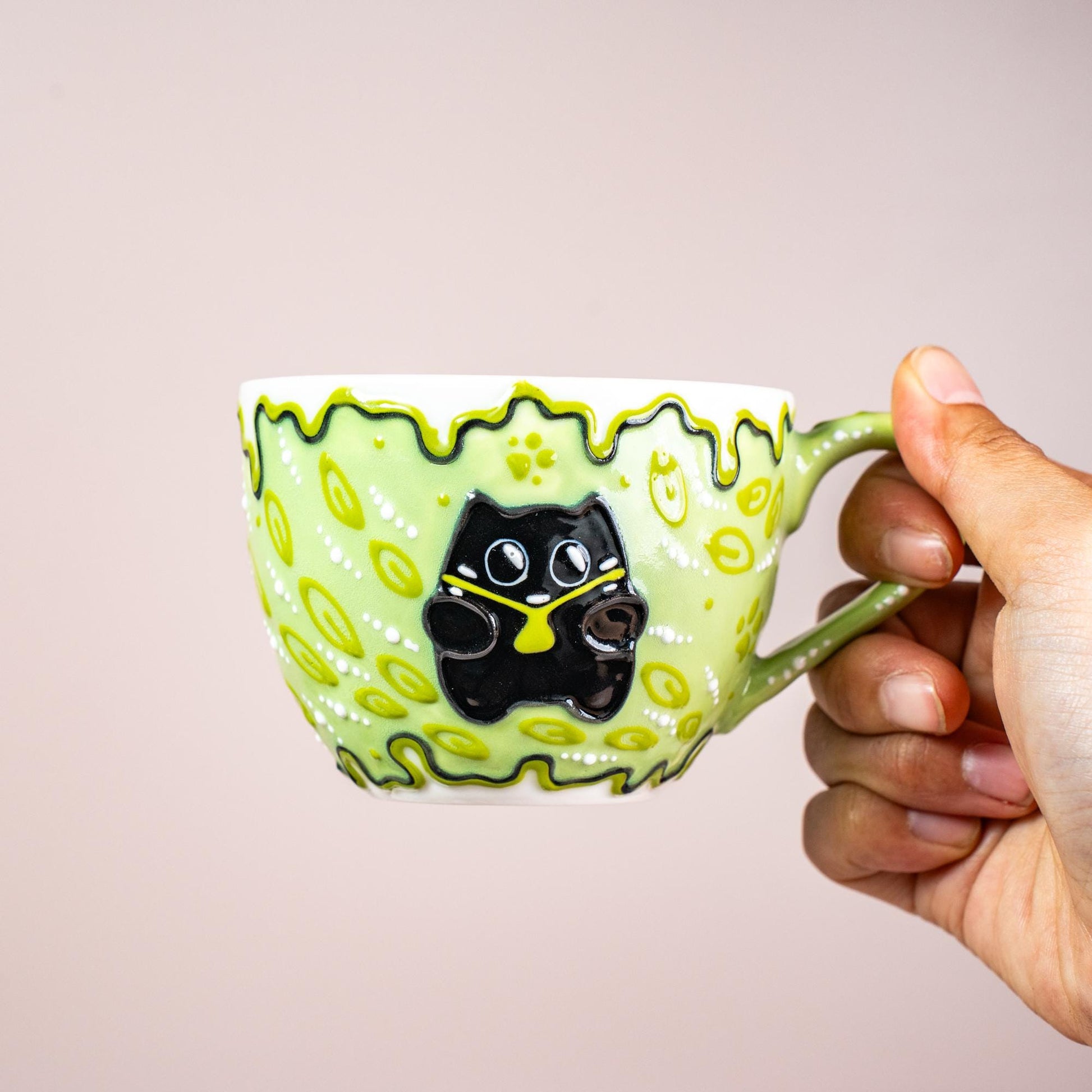 Black Kitty Coffee Mugs Ceramic Cartoon Style Cat Hug Mug Collection 3D Line Art Style Cream Cat Espresso Cups Funny Birthday Gift for Kids