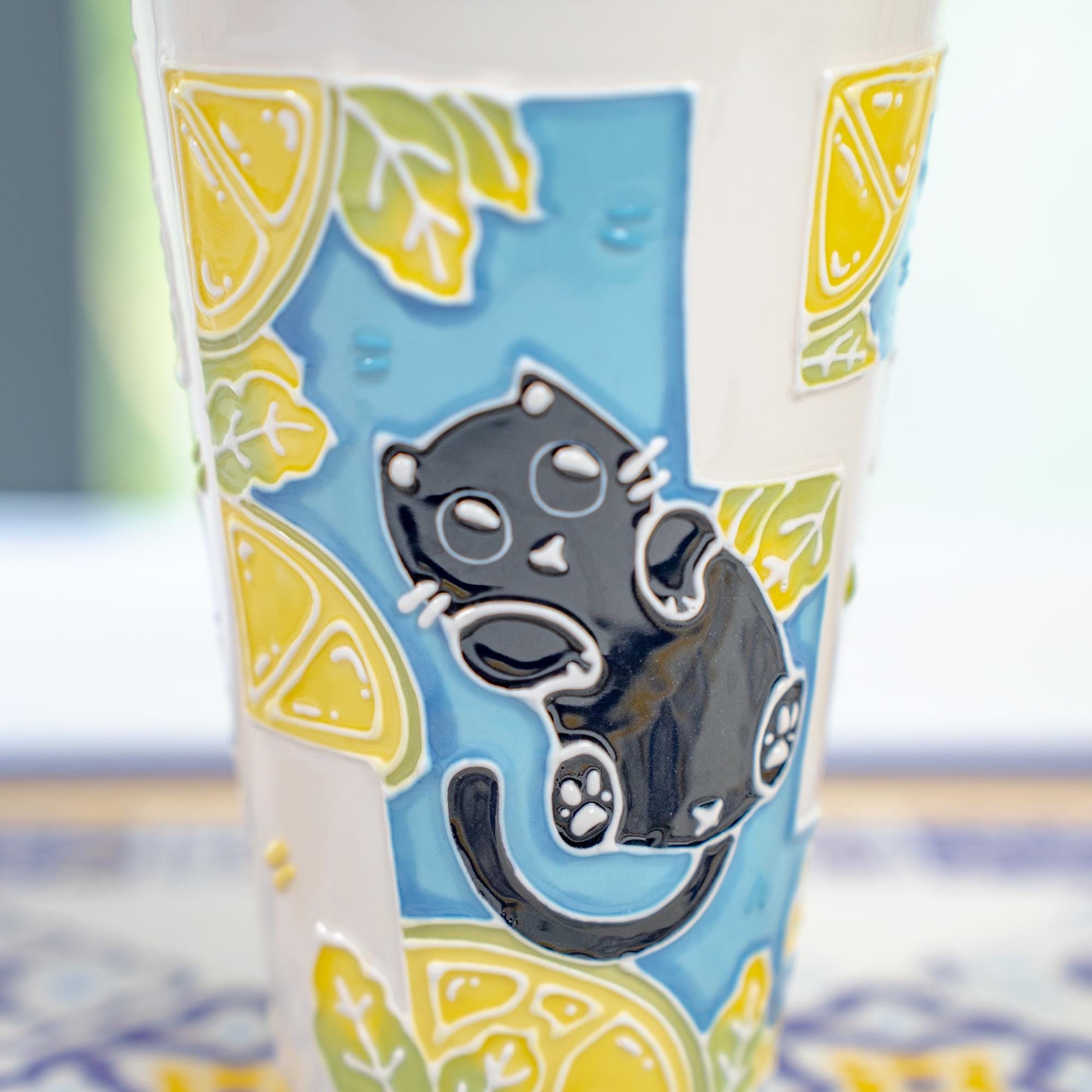 Summer Cat Lidded Tumbler with Straw Swimming Black Kitty Ceramic Coffee Mug Lemon Leaves Handmade Water Cup Cute Birthday Gift for Kids