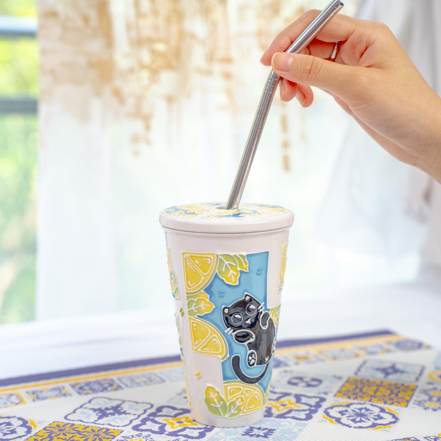 Summer Cat Lidded Tumbler with Straw Swimming Black Kitty Ceramic Coffee Mug Lemon Leaves Handmade Water Cup Cute Birthday Gift for Kids