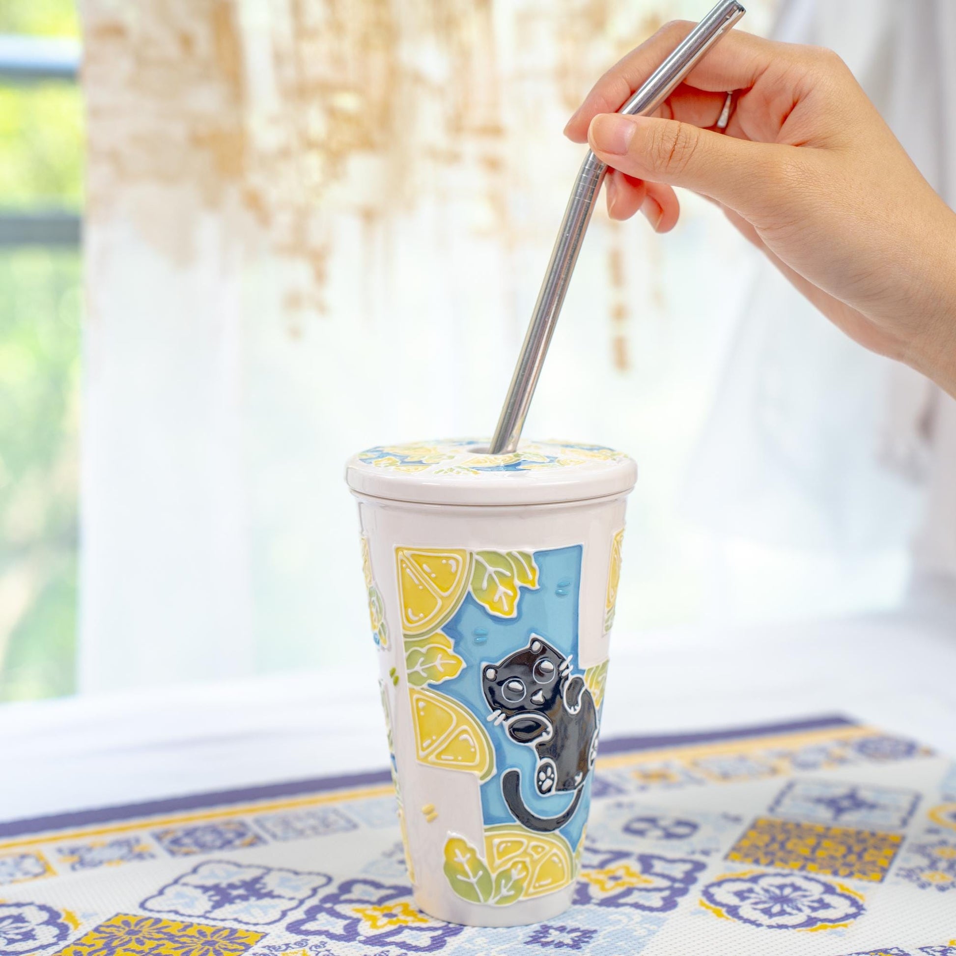 Summer Cat Lidded Tumbler with Straw Swimming Black Kitty Ceramic Coffee Mug Lemon Leaves Handmade Water Cup Cute Birthday Gift for Kids
