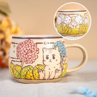 Funny Cat Coffee Mugs Handpainted Rustic Ceramic Playing Kitty Espresso Cups Watercolor Style Tiny Cat Water Cups Wildflower Cappuccino Mugs