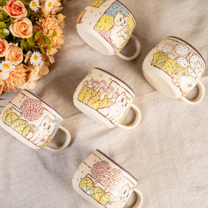 Funny Cat Coffee Mugs Handpainted Rustic Ceramic Playing Kitty Espresso Cups Watercolor Style Tiny Cat Water Cups Wildflower Cappuccino Mugs