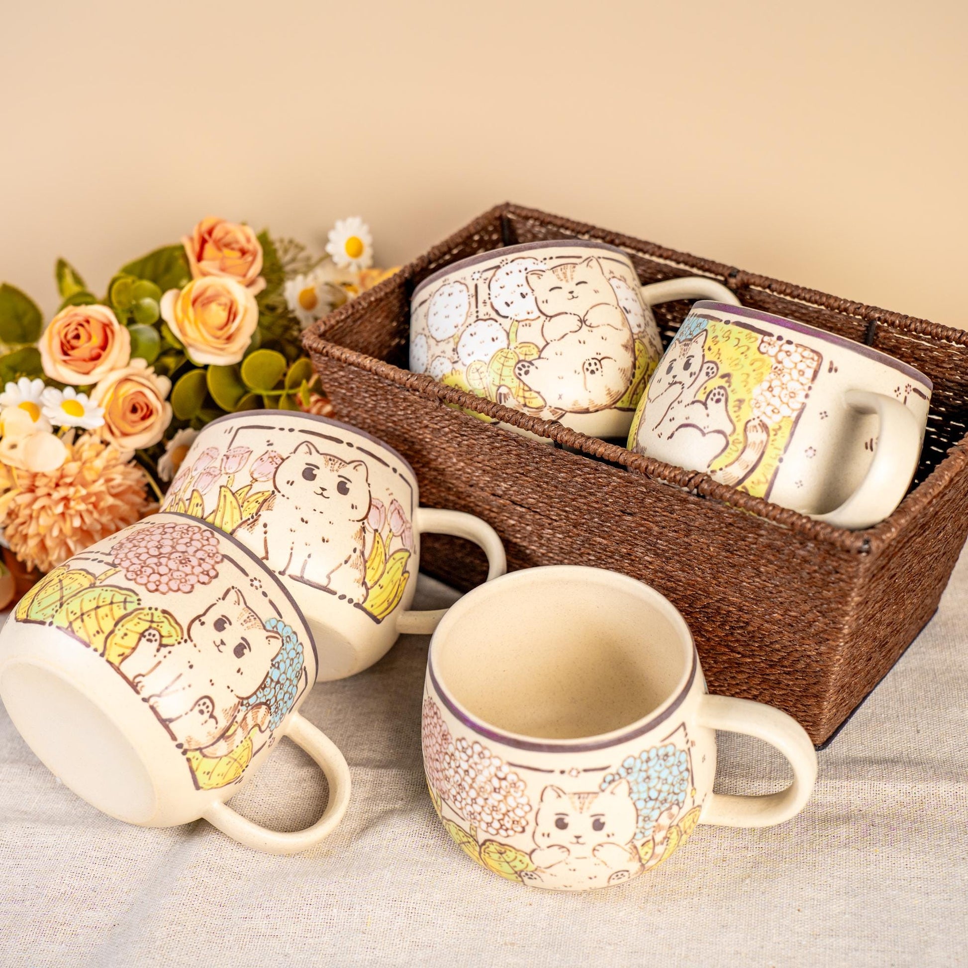 Funny Cat Coffee Mugs Handpainted Rustic Ceramic Playing Kitty Espresso Cups Watercolor Style Tiny Cat Water Cups Wildflower Cappuccino Mugs