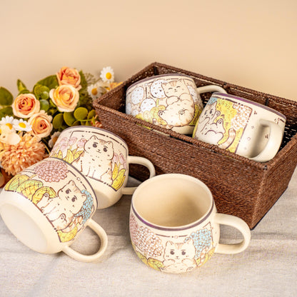 Funny Cat Coffee Mugs Handpainted Rustic Ceramic Playing Kitty Espresso Cups Watercolor Style Tiny Cat Water Cups Wildflower Cappuccino Mugs