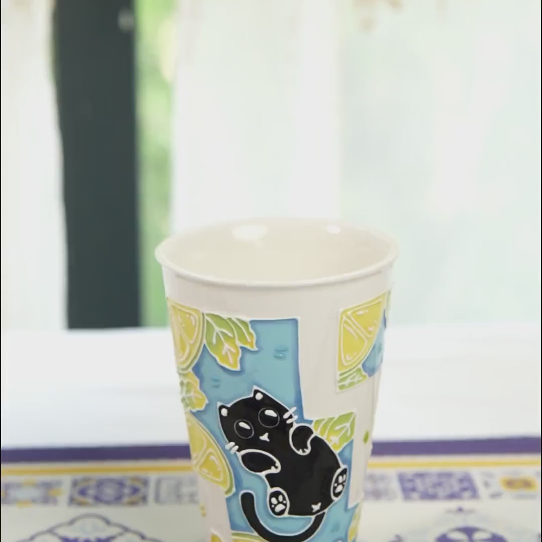 Summer Cat Lidded Tumbler with Straw Swimming Black Kitty Ceramic Coffee Mug Lemon Leaves Handmade Water Cup Cute Birthday Gift for Kids