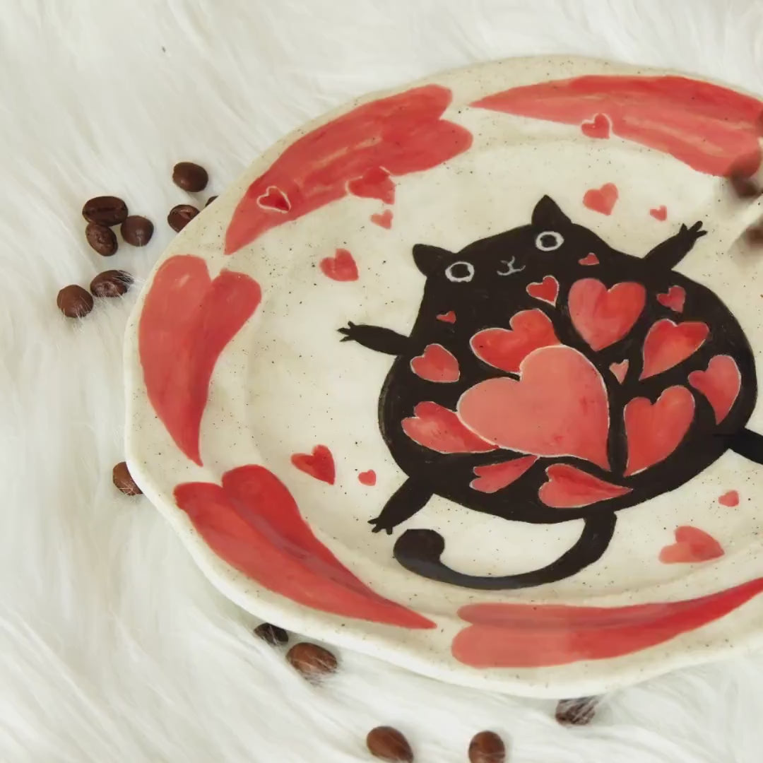 Hearts Aflutter Cat Love Dish Black Cute Cat Ceramic Plate Handmade Serving Tray Valentine's Day dish Heart design tableware cat pottery