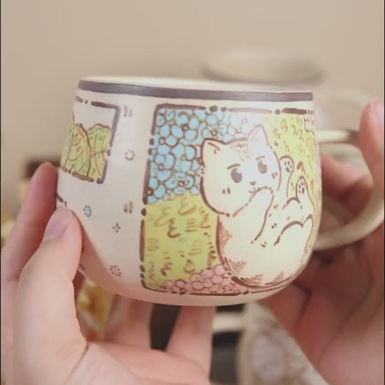 Funny Cat Coffee Mugs Handpainted Rustic Ceramic Playing Kitty Espresso Cups Watercolor Style Tiny Cat Water Cups Wildflower Cappuccino Mugs